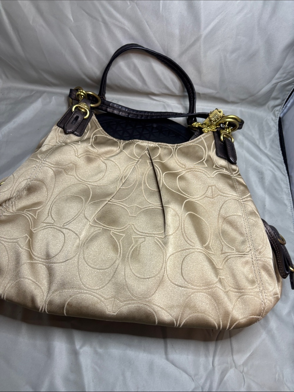 Coach Beige Satin Shoulder Bag with Dark Brown Leather Trim